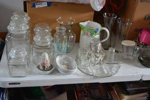 lot 374 image: 5-Piece Glass Cannister Set, Vintage Flower Vase, Relish Tray and More