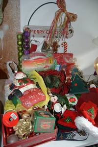 lot 381 image: Christmas Lot Wooden Door Hanger, Ornaments, Stocking, Garland, Bouquet, Potpourri and More