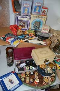 lot 382 image: Misc. Lot Sewing Spool Holder, Trivets, Ceramic Birdhouse, Wooden Key Hanger and More