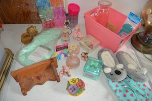 lot 356 image: Pink Girls Room Lot Koala Slippers, Spa Neck Wrap, Decorative Heart Boxes, Ceramic Figurines, Ponytail Holders and More