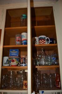 lot 391 image: Kitchen Glasses and Mugs Canning Jars, Vintage Glass Milk Bottles, Coke Glasses, Oversized Mugs and More