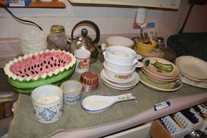 lot 392 image: Misc. Kitchen Lot Watermelon Bowl, Tea Kettle, Gold Rimmed Relish Tray and Dishes
