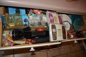 lot 403 image: Misc. Hardware Flashlights, Picture Hangers, Vintage Glass Food Chopper, Apple Corer and More