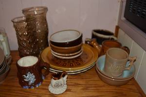 lot 408 image: Brown Glass Plates and Bowls, Vases and Ceramic Koala Mug