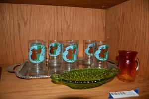 lot 414 image: Sunrise Glass Creamer, Vintage Koala Glass Set with Serving Tray, and Green Indiana Glass Honeycomb Snack Dish