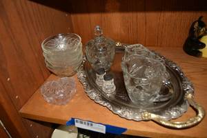 lot 417 image: Cut Crystal Glass Tea Serving Set Creamer, Sugar Bowl, Covered Butter Dish and S&P Shakers and Snack Bowls, Plus Covered Heart Dish