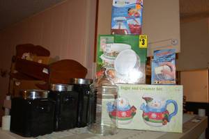 lot 428 image: Black Glass Cannisters, Snowman Cream and Sugar Set, Enamel Mixing Bowl Set, and More