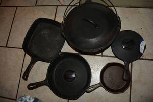 lot 444 image: Cast Iron Skillets (some with Lids), and Dutch Oven
