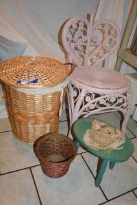 lot 390 image: Basket Weave Hamper with Pillows, Vintage Pink Wicker Heart Chair, Koala Foot Stool, and Basket