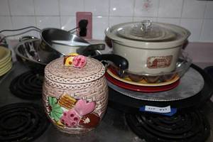 lot 437 image: Ceramic Cookie Jar, Pottery Crock Pot, Large Strainer and Small Pots