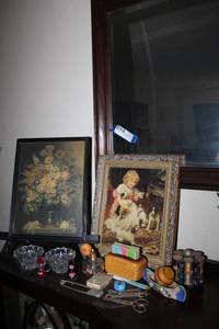 lot 21 image: Beveled Wall Mirror, Vintage Framed Artwork, Vintage Perfume Bottle and Scripture Verse Cards