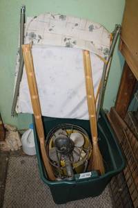 lot 583 image: 2 Crafting Brooms, Industrial Fan, and Folding Lawn Chair