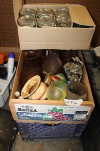lot 572 image: Canning Jars, Set of Vintage Brown Hurricane Lamp Covers, Brown Jug and More