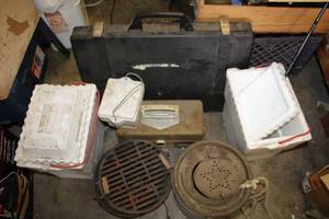 lot 571 image: Minnow Bucket, Fishing Pole, Cast Iron Grill, Fishing Lure Box, Plastic Storage Case and Contents