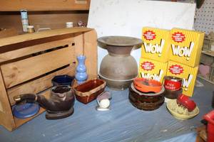 lot 521 image: Vintage Redskin Brand Chewing Tobacco Spittoon, Ceramic Pipe, Ashtrays and more