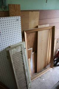 lot 550 image: Misc. Wood Pieces, Peg Board, Shutters, Picture Frame