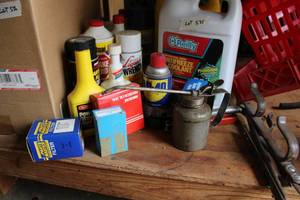 lot 535 image: Automotive Lot Antifreeze, Brake Fluid, Power Steering Fluid, Oil Can and More