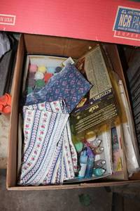 lot 567 image: Craft Making Lot Glass Box, Glue Gun, Fan, Twine, Paints, Buttons and More