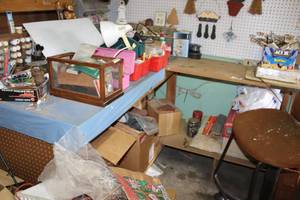 lot 563 image: LARGE L-Shaped Crafting Table and Chair - Contents Sold Separately PLEASE PICKUP LATE SATURDAY OR SUNDAY