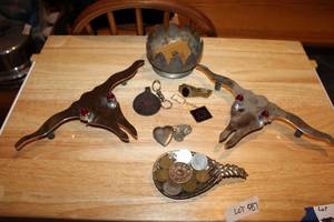 lot 587 image: Vintage Military Tokens, Longhorn Trailer Hitch Covers, Heart Locket Necklace