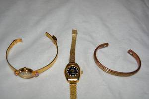 lot 629 image: (3) Vintage Kronotron Electric 360 un breakable mainspring and a Faberge diamond marker watch with heart shape Pink Quartz accents (missing a few white quartz accent stones around frame). Also includes a vintage copper and steel magnet bracelet