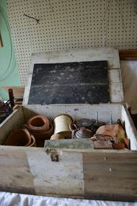 lot 500 image: Wooden Box with Unfinished Stirrups, Leather Making Tools, Stamps, see pictures
