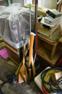 lot 508 image: Wooden Paddle, Axes, Sledgehammers, and Handles, Mop and Brooms