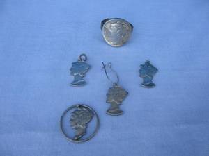 lot 30 image: 5-Pieces of 1940-S Silver Dime Cutout Hobo Art Jewelry- Ring, Pendants, Charms, Earings. About-  8.20 Grams