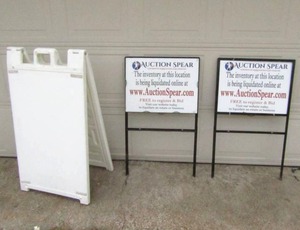lot 111 image: Folding double side sandwhich marquee sign, two metal frame yard signs