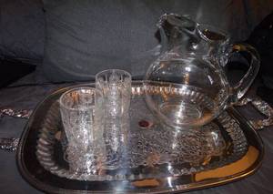 lot 40 image: Silver plated Large Tray with Glass Pitcher and two Glasses