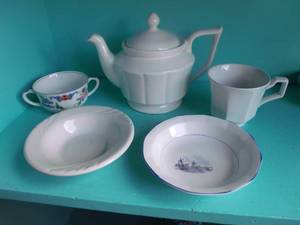 lot 103 image: Tea and Crumpets Lot.. Teapot, small bowls, cup, and sugar dish in style and patterns as shown.