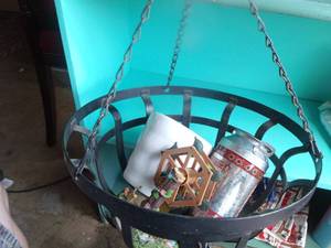 lot 110 image: Metal Hanging Basket with Home Decor Items in style as shown