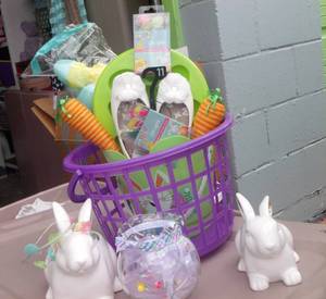 lot 57 image: Easter Items, decor, plastic eggs, Gilrls white dress shoes size 11, new with tags, easter lights eggs and bunnies