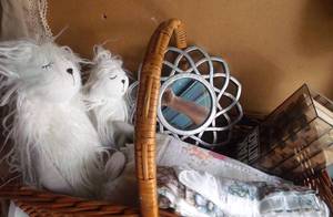 lot 58 image: Misc basket of goodies, basket and contents included Sertas counting sheep, vintage wall mirror, towels