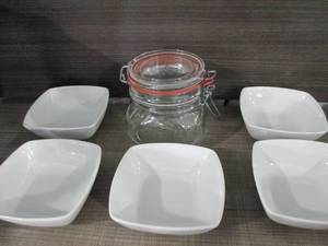 lot 131 image: White Sauce Bowls and an Apothecary Jar, Stamped Italy on the top