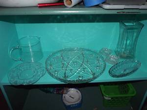 lot 73 image: Beautiful clear glass misc items pictured as shown  star of david platter, vintage pitcher