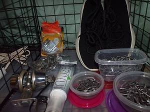 lot 85 image: Ladies Size 7 Shoes, Deadbolt Lock with Keys, and other Misc Hardware