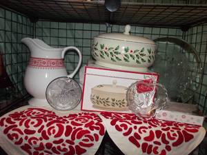 lot 92 image: Christmas Pitcher, Lennox Casserole Dish and Christmas Themed Decor