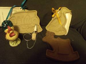 lot 143 image: Brown Bag Cookies, Rooster Salt Shaker, and Lighthouse Wine Bottle Stopper