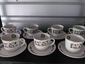 lot 146 image: Noel Pattern .. Fine English Tableware by Wood & Sons Cups and Saucers (x the money)