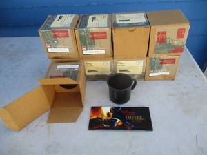 lot 30 image: 8-Vintage Marlboro- Black Speckled Tin Camping Cups, In Original Shipping Boxes, Most-Never Opened. Note 8-X Money