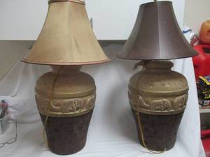 lot 42 image: 2- Heavy Table Elephant Lamps, About 12-Rd X 32-H-To Top Of Shade, NOTE 1-Needs Repaired-Has Crack