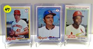lot 47 image: TRIO OF SUPERSTAR CARDS - TOM SEAVER, BERT BYLEVEN, & LOU BROCK - TOPPS