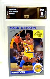 lot 49 image: GMA GRADED NM-MT 8 - 1990 NBA HOOPS MAGIC JOHNSON #157 MVP CARD