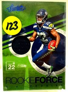 lot 123 image: ROOKIE SWATCH - 2016 Absolute C J Prosise Rookie Force Jersey Swatch Seahawks