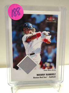 lot 188 image: 2003 FLEER TRADITION MANNY RAMIREZ GAME WORN JERSEY RELIC BOSTON RED SOX