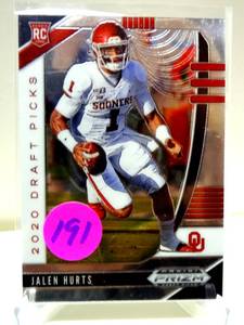 lot 191 image: ROOKIE - 2020 Prizm Draft Picks Football - Jalen Hurts #129 - Base Rookie Card