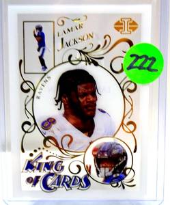 lot 222 image: 2021 Lamar Jackson Acetate GOLD Illusions King of Cards #KC-3 Balitmore RAVENS