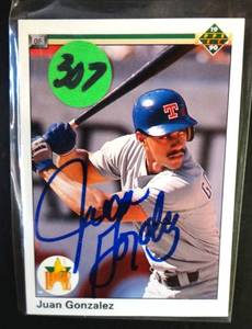 lot 307 image: AUTHENTIC AUTOGRAPHED ROOKIE - 1990 UPPER DECK HAND SIGNED BY ROOKIE SUPERSTAR JUAN GONZALEZ