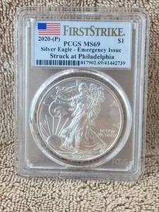 lot 13 image: 2020-P Silver Eagle - Emergency Issue - First Strike silver $1 PCGS MS69
